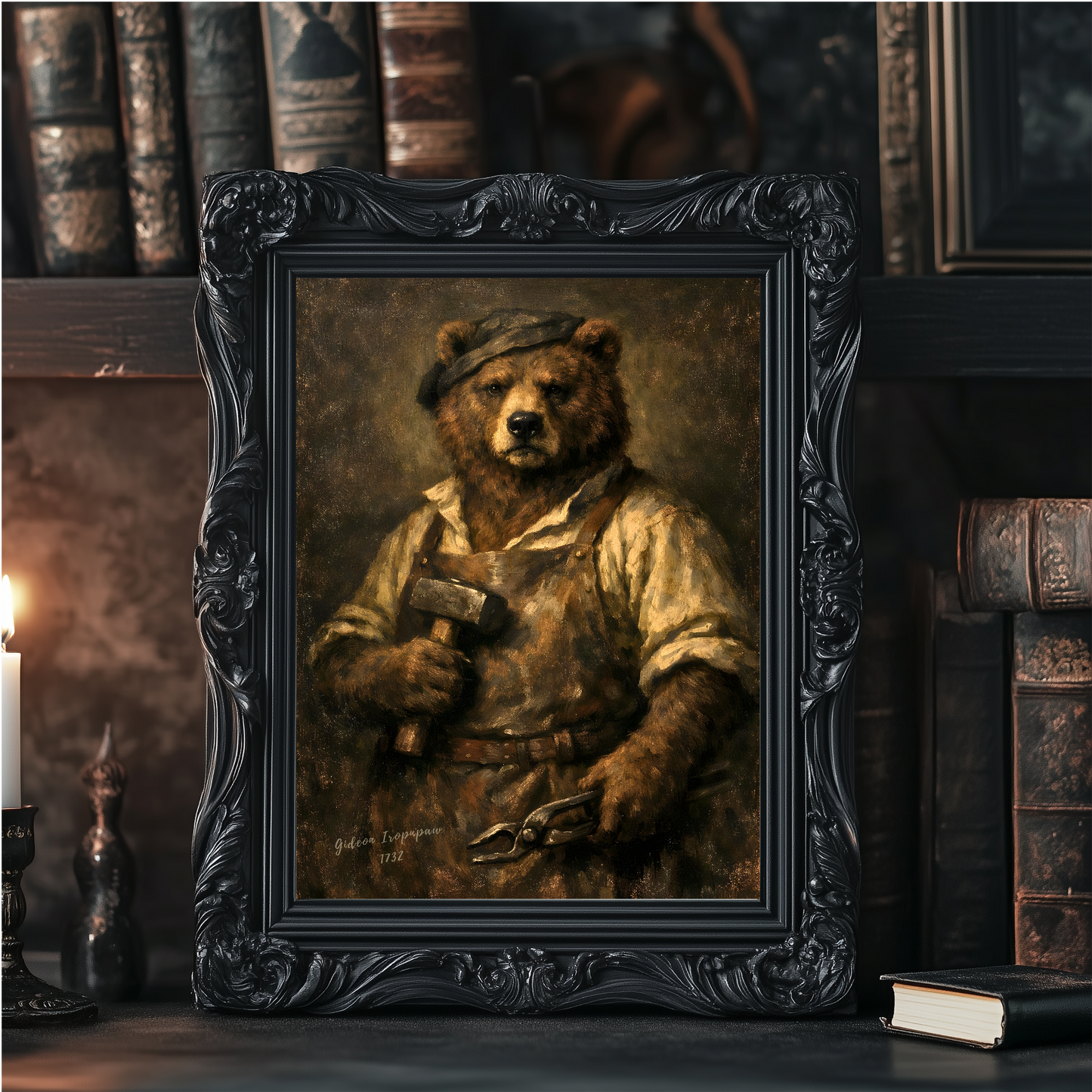 Gideon Ironpaw — Blacksmith of Blackwood — Dark Academia Bear Portrait — Vintage Workshop Wall Art Print
