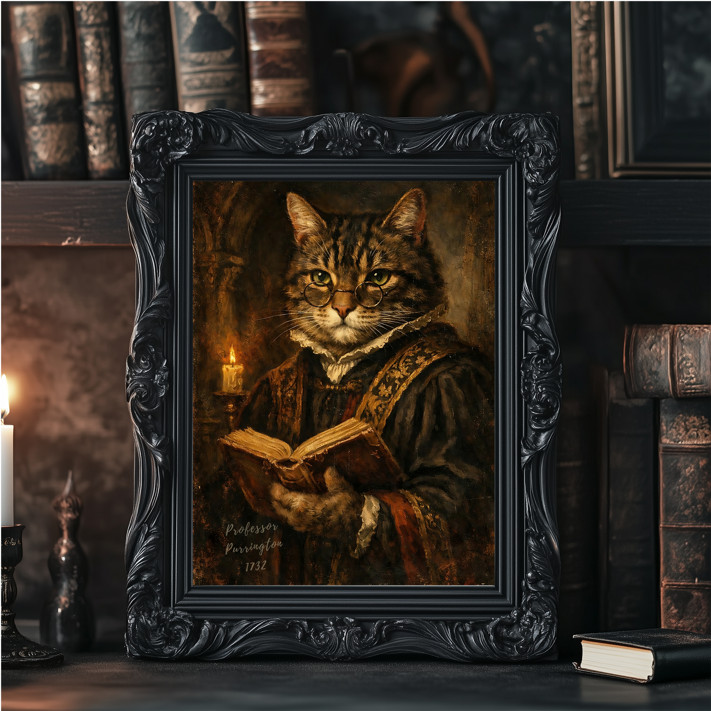 Professor Pussington – Dark Academia Cat Scholar Portrait – Vintage Library Wall Art Print