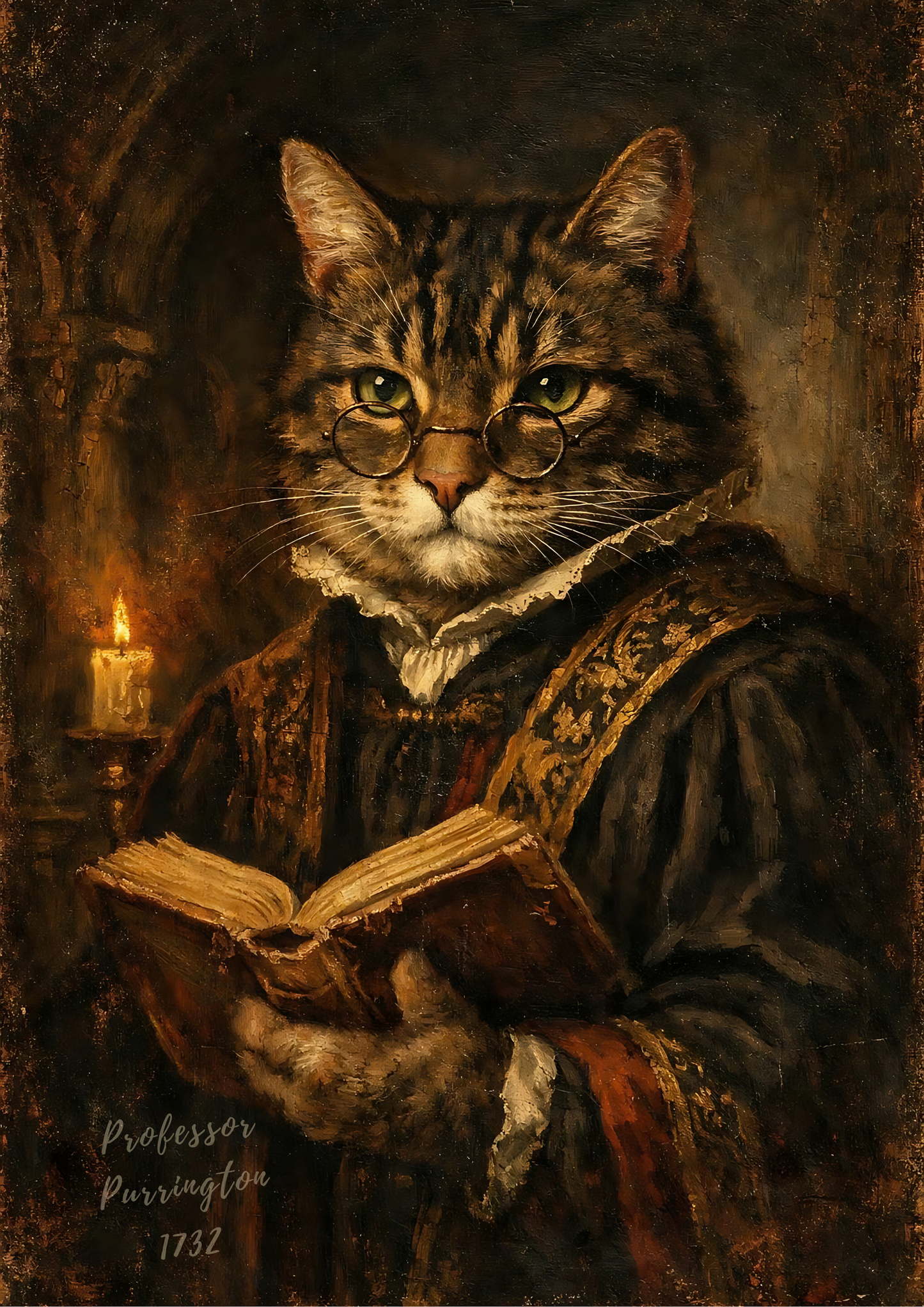 Professor Pussington – Dark Academia Cat Scholar Portrait – Vintage Library Wall Art Print