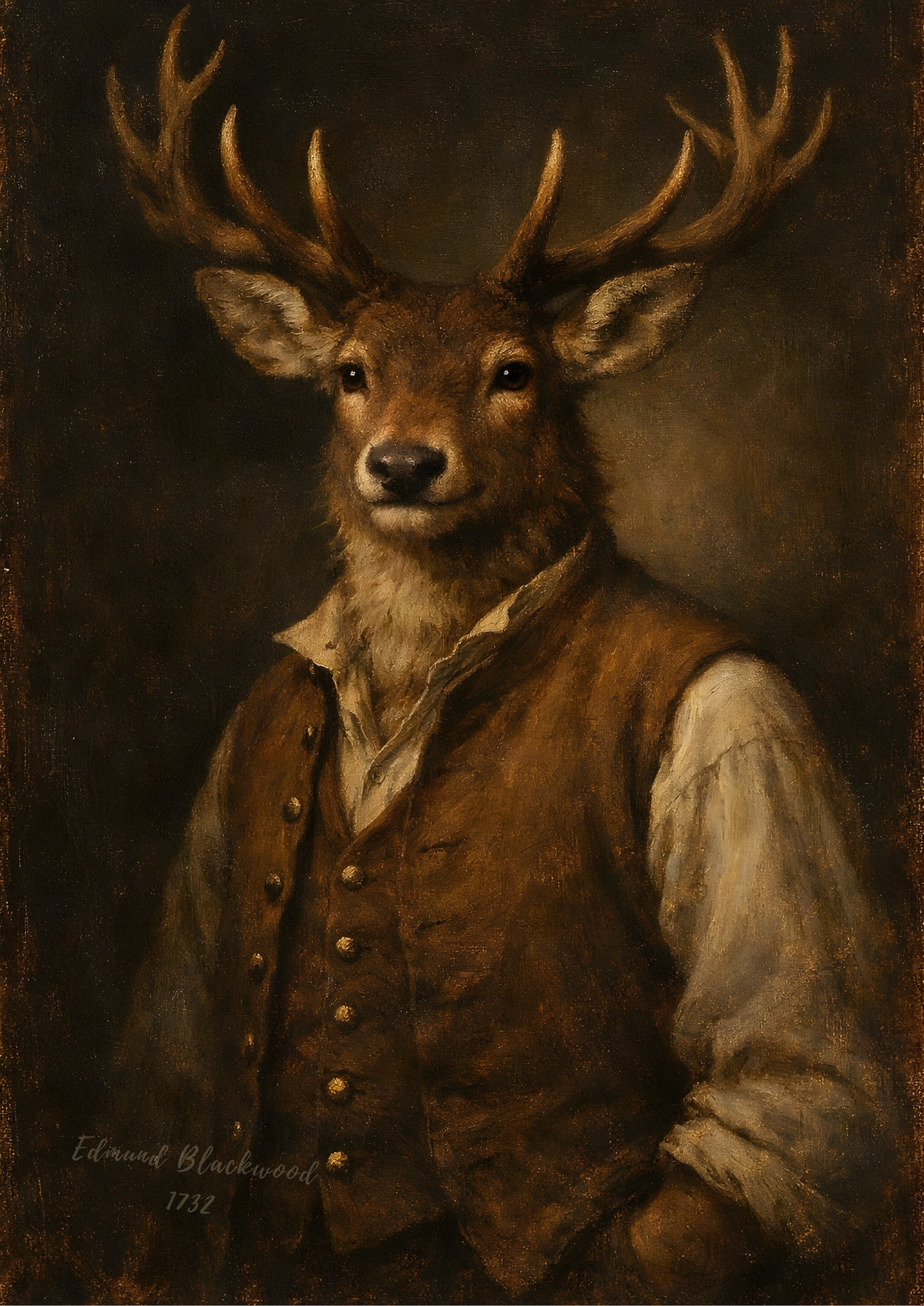 Edmund Blackwood – Founder of Blackwood – Dark Academia Stag Portrait – Rustic Heritage Wall Art Print