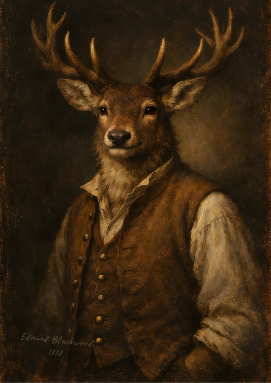 Edmund Blackwood – Founder of Blackwood – Dark Academia Stag Portrait – Rustic Heritage Wall Art Print
