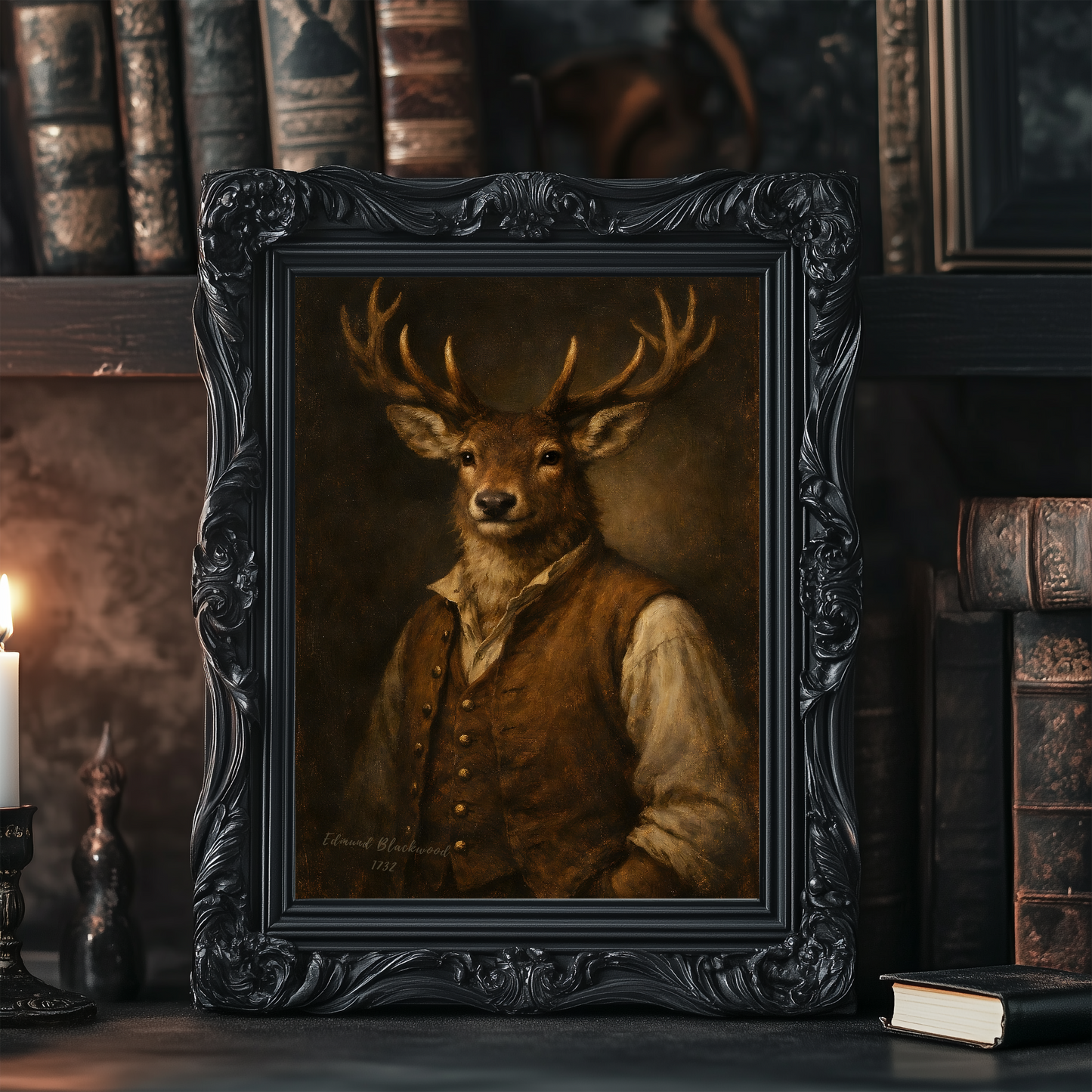 Edmund Blackwood – Founder of Blackwood – Dark Academia Stag Portrait – Rustic Heritage Wall Art Print