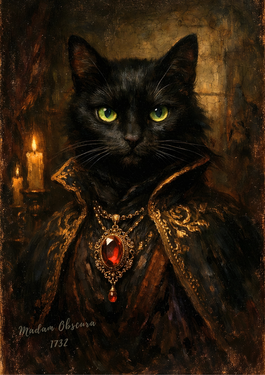 Madam Obscura – Dark Academia Black Cat Portrait – Gothic Wall Art Print