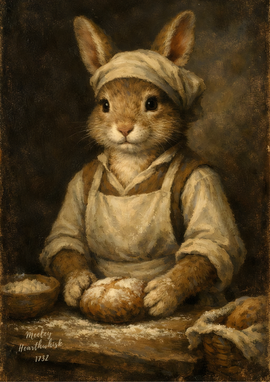 Meeley Hearthwhisk – Dark Academia Rabbit Baker Portrait – Cottagecore Kitchen Wall Art Print