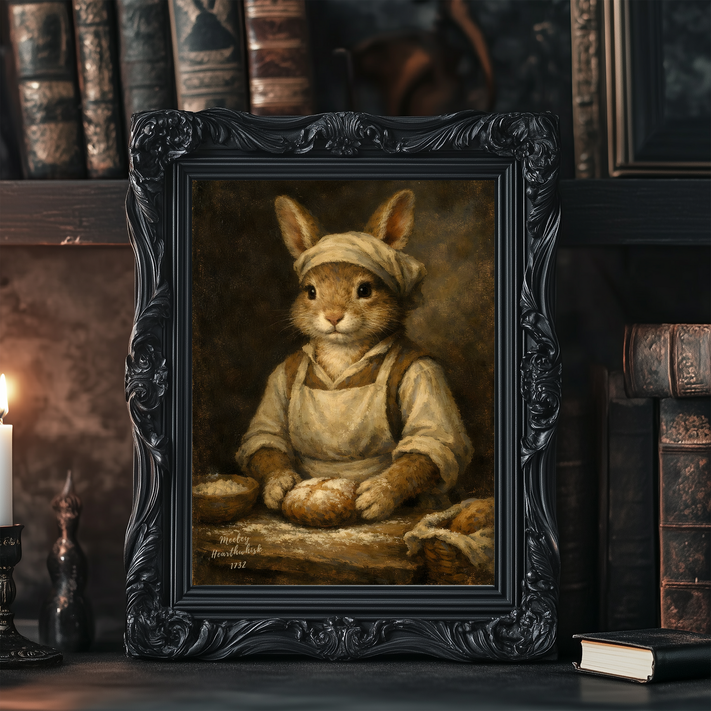 Meeley Hearthwhisk – Dark Academia Rabbit Baker Portrait – Cottagecore Kitchen Wall Art Print
