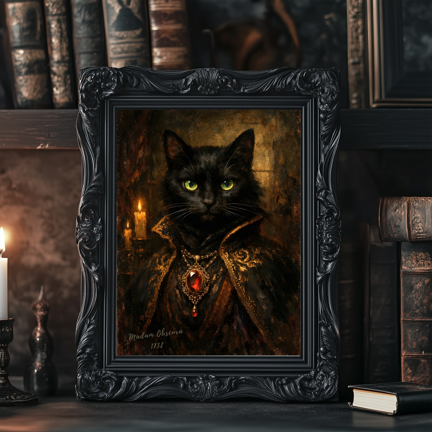 Madam Obscura – Dark Academia Black Cat Portrait – Gothic Wall Art Print