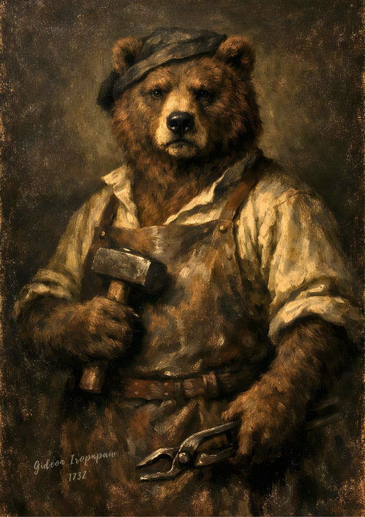 Gideon Ironpaw — Blacksmith of Blackwood — Dark Academia Bear Portrait — Vintage Workshop Wall Art Print